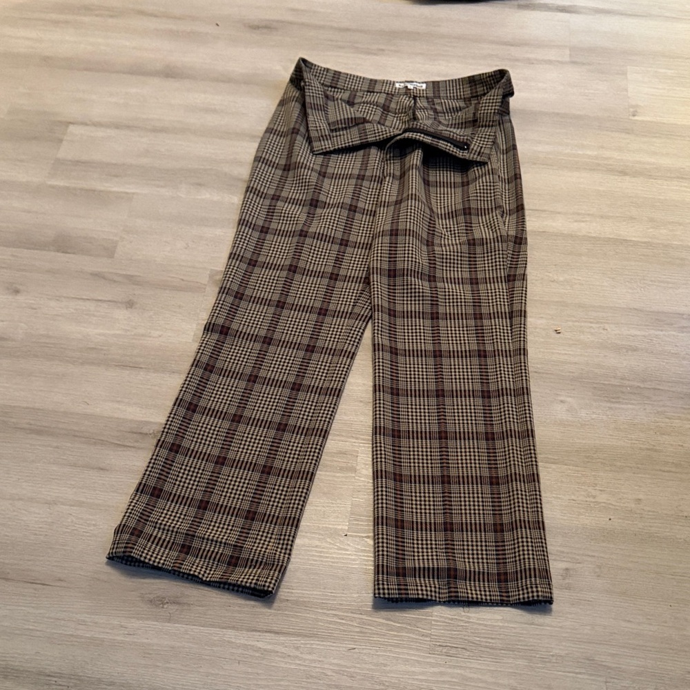 Reformation Plaid Boot Cut Pants - Tan, Maroon and Black stripes